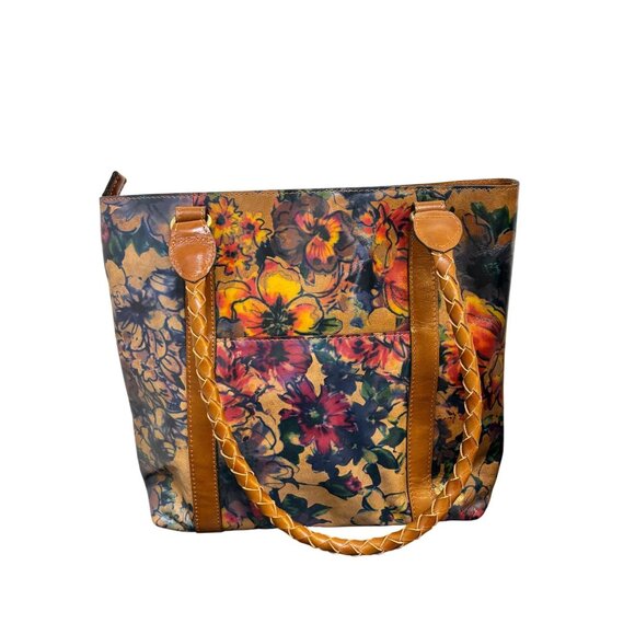 Patricia Nash Leather Tote Purse With Floral Print & Braided Handles - Picture 2 of 11